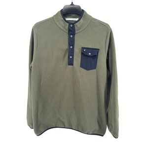 Criquet Fleece Pullover Mens Large Olive Green Navy Blue Snap Neck Mock Neck L